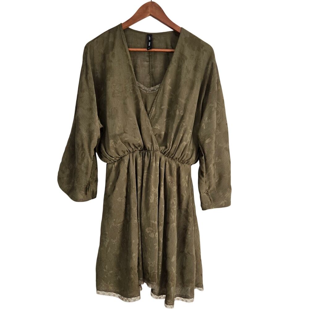 Mango Olive Satin Whimsigoth Lace Trim Dress 90s Witchy Fairycore Mini Size 2